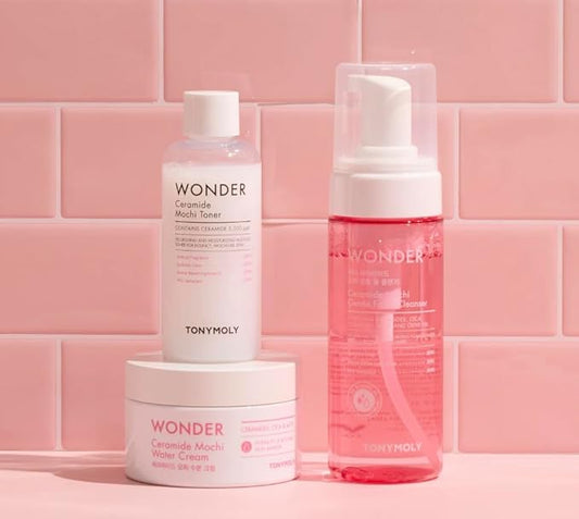 TONYMOLY Wonder Ceramide Mochi K-Beauty Skincare Set, 3-Piece Bundle with Bubble Cleanser, Milky Toner and Ceramide Moisturizer