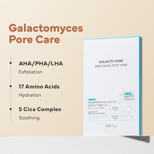 SAM'U Galacto Pore Two Step Mask Pore Cleansing Korean Face Mask, Gentle Pore Care Mask, AHA/BHA/PHA + LHA Exfoliating Formula with Amino Acids & Centella Asiatica for Korean Glass Skin (4 Sheets)
