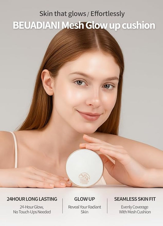 Beaudiani Mesh Glow Cushion Foundation Dewy Korean Cushion with Gemstone Complex & Skincare Benefits (12g) (#2 Modern Cover Daily (Shade #22-23))