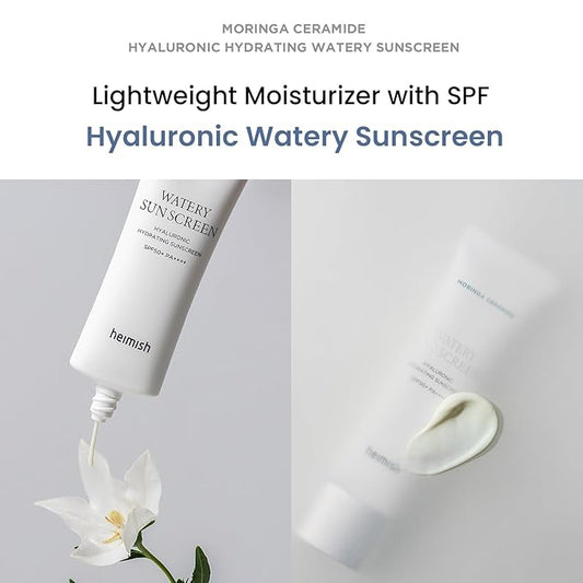 HEIMISH Moringa Ceramide Hyaluronic Hydrating Watery Sunscreen - SPF Face Moisturiser, Daily Sunscreen For Face, Broad Spectrum SPF 50, Non-greasy, Lightweight with Hyaluronic Acid, 1.7fl.oz/50ml