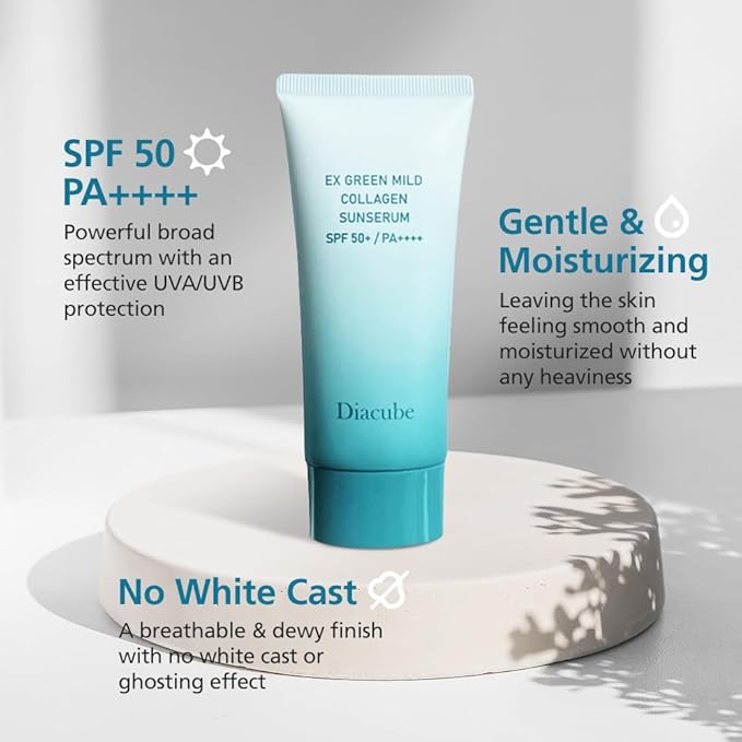 EX Green Mild Collagen Daily Sun Serum, 2.03 Fl Oz SPF 50+ PA++++ | No White Cast | Lightweight Sunscreen Moisturizer | Skin-Friendly, Safe, Clean Ingredients | Lotion-Like Texture | K-Beauty