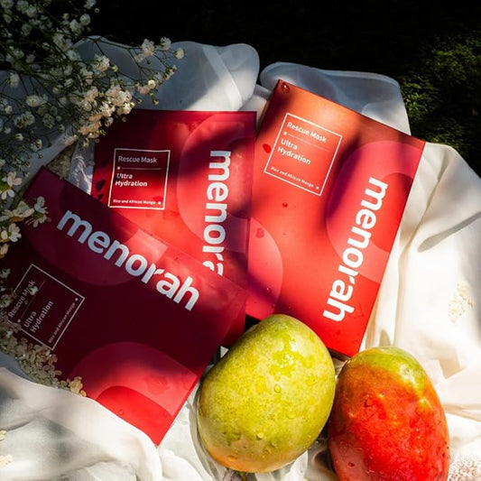 menorah skincare - Ultra Hydration Rescue Sheet Mask (4 Sheets) - with Rice, African Mango, Face sheet masks, Moisturizing mask, Super Hydration and Moisturizing, 100% Organic cotton sheet mask