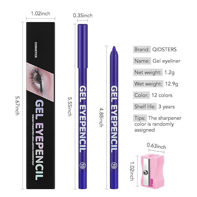 Purple Matte Gel Eyeliner Pencil, Multi-Use Waterline Eyeliner with Sharpener, Sharpenable Eye Liner Waterproof Smudge Proof, High Pigmented Eye Makeup Liners, Vegan & Cruelty-Free 10