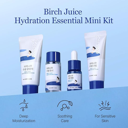 ROUND LAB Birch Juice Moisturizing Mini Kit, 4-Step Travel Size Skincare Set (Cleanser, Toner, Ampoule, Cream) | Korean Moisturizer, Hydrating Routine | Soothing Care for Acne-Prone, Sensitive Skin
