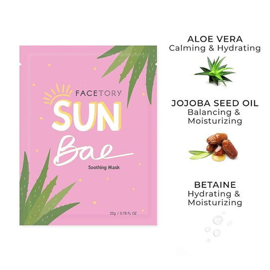 FACETORY K Beauty Face Mask Skin Care - SUN BAE SOOTHING Sheet Mask with Aloe & Shea Butter | After Sun Care, Soothe & Restore (5 Pack)