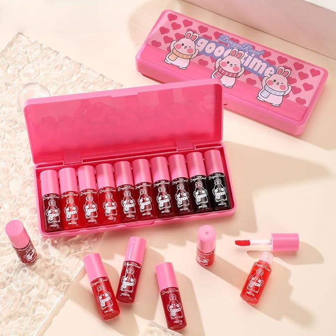 10 Colors Lip Tint Stain Set, Korean Lip Gloss Set, Watery Mini Liquid Lipstick Long lasting, Lightweight, Multi-Use Lip and Cheek Tint, High Pigment, Vivid Color Lip Makeup