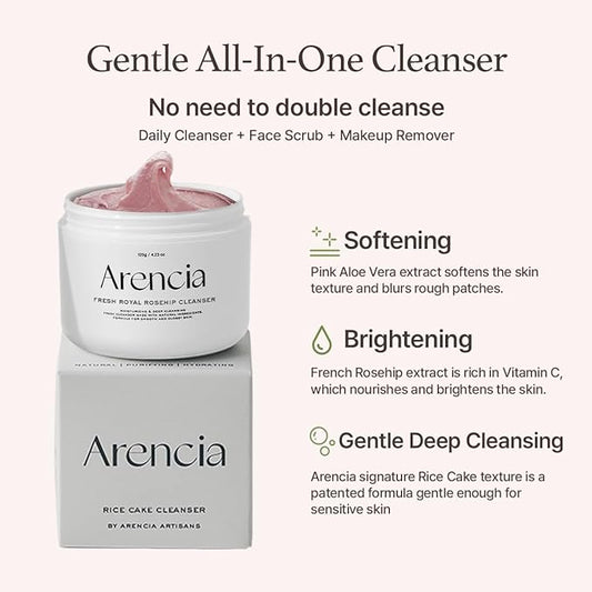 Arencia Rosehip Brightening Rice Mochi Face Cleanser & Daily Scrub - Moisturizing, Exfoliating & Deep-Cleansing - All Skin Types with Rice Powder & Rice Water (1.76oz)