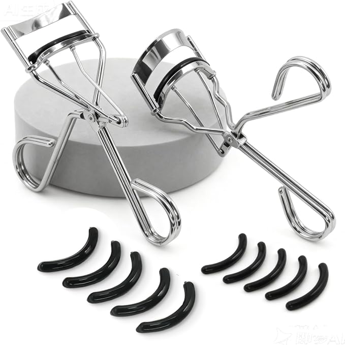 2 Kinds of Eyelash Curlers with Different Curvature Suitable for Various Eyes Shapes, Silver Comfort Grip,10 Silicone Replacement Refills Pads for Perfect Framed Lashes - Gentle & Safe Use