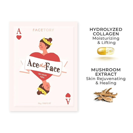 FACETORY K Beauty Face Mask Skin Care - ACE THAT FACE FIRMING COLLAGEN Sheet Mask with Collagen & Mushroom Extract | For Plump and Glowing Skin (10 Pack)