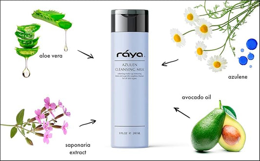 Raya Azulen Facial Cleansing Milk 8 oz (150) | Calming and Refining, Soap-Free Fluid Cleanser and Make-Up Removing Lotion | Made with Azulene Extract and Aloe Vera | Great for Sensitive Skin