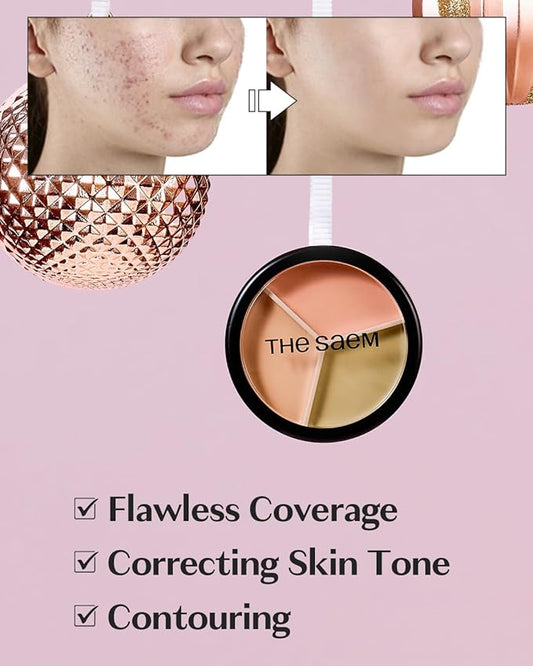 THESAEM Cover Perfection Triple Pot Concealer 01 Correct Beige + 02 Contour Beige - 3 Color Concealer for Medium & Natural Tone - Full Coverage, Correct & Conceal Redness, Dark Circles, Contouring