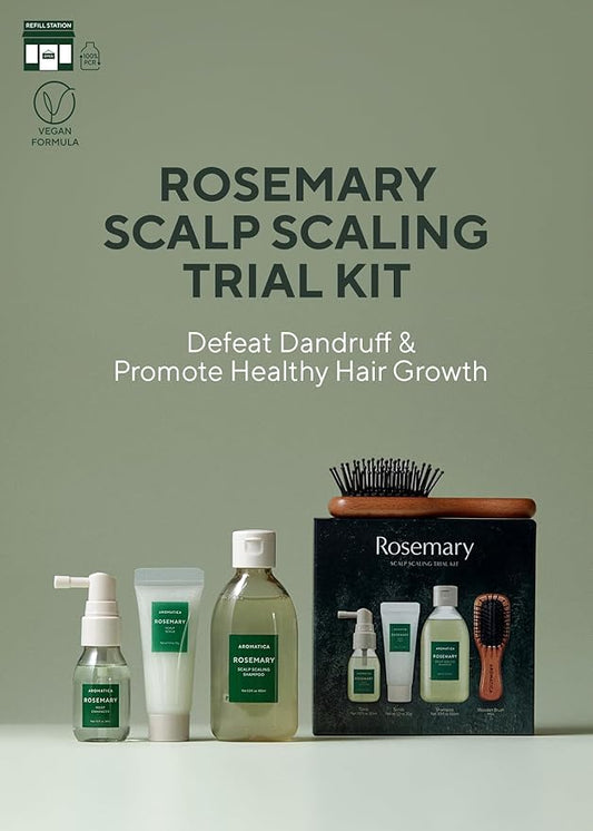 AROMATICA Rosemary Scalp Scaling Trial Kit - Travel Size Korean Hair Care Kit for Women with Mini Wooden Brush, Gentle Exfoliating Scalp Care for Hair Growth Product, with Rosemary Oil & Vegan Formula