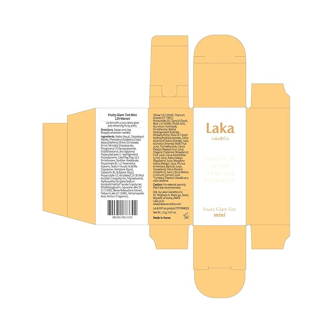 Laka Fruity Glam Lip Tint Mini, Glowing Lip Stain with Wide Color Spectrum, Hydrating & Lightweight Texture, Long-Lasting Bold Stain, Non-Sticky, Vegan, K-Beauty (#129 Maroni)