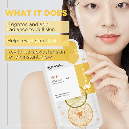 Mediheal Best Korean Sheet Mask - Vita Essential Face Mask 4 Sheets Vitamin Mask For All skin types Smoothing Tightening Toning up Brightening
