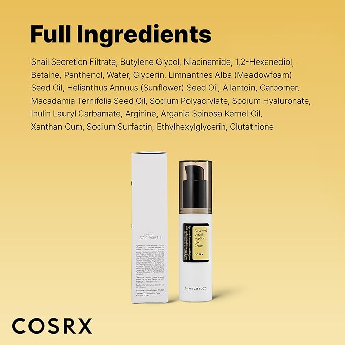 COSRX Snail Mucin Peptide Under Eye Cream, 0.84 fl oz, 73.7% Snail Mucin and Niacinamide, Eye Care, Eye Cream Anti Aging, Dark Circles, Korean Skin Care, Stocking Stuffers for Women