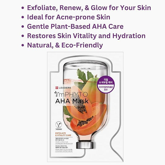 I'MPHYTO Leaders Facial Mask 10 Sheet AHA Vegan Mask | Exfoliating& Vitality Skin Care | Plant-Derived Ingredients | Papaya Fruit Extract | Certified Vegan | Natural Cellulose Sheet