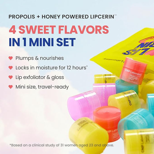 CNP Honey Lip Butter Mini Set – Propolis Lipcerin™ Travel-Size (4 Flavors), Hydrating Overnight Manuka Lip Balm & Mask, 12hrs Long-lasting Moisture, Stocking Stuffers, Gifts for Women