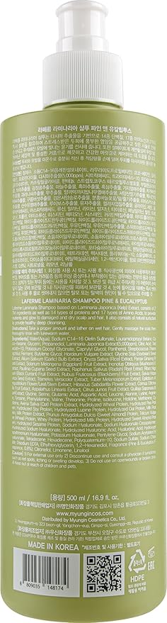 laferme Laminaria Shampoo with Organic Ingredient, Korean Clarifying Shampoo, Hydrating for Dry Hair, Strengthening for Weak Hair, Sulfate & Paraben-Free, for Women & Men,16.9 FL. OZ, Pine Eucalyptus