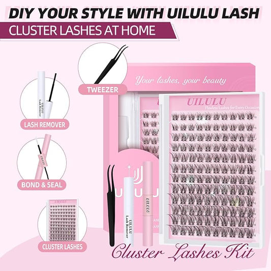 Natural Lash Clusters Kit 10-18mm Mix D Curl DIY Extension Eye Natural Lashes False Wispy EyeLash Cluster with Bond & Seal, Glue Remover, Tweezers(U26)