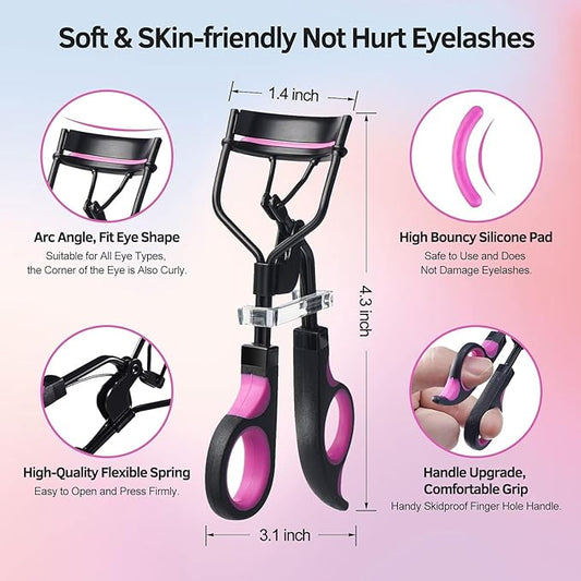 Eyelash Curlers Kit for Women w Lash Curler, Eyelash Comb Seperator, Eyeshadow Brush, Eyelash Extension Tweezers, Foldable Eyebrow Razor Comb, 10 Silicone Refills Pads for Natural Eyelashes
