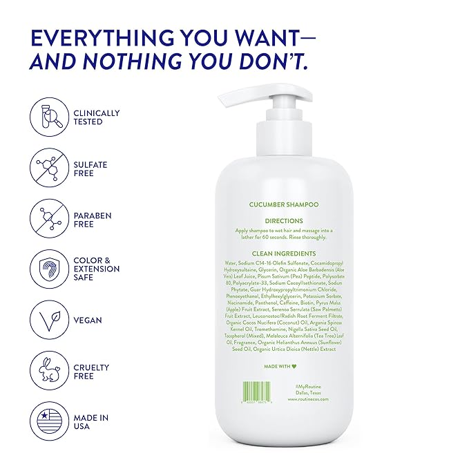 Routine Wellness Anti-Thinning Shampoo for Thinning Hair - Biotin DHT Blocker Women & Men - Color Safe Shampoo for Hair Loss & Healthy Hair - Cucumber - 14oz