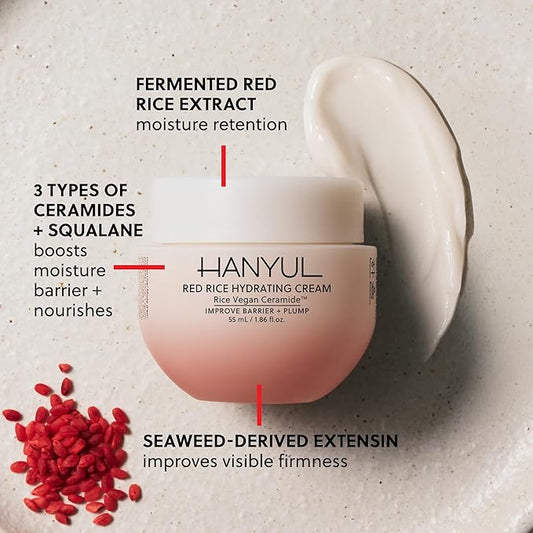 Hanyul Red Rice Hydrating Cream with Fermented Rice Extract, Collagen | Korean Vegan Ceramide Moisturizer for Deep Hydration, Radiant Skin Glow, Firming & Barrier Support, 1.86 fl. oz.