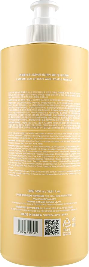 laferme Low pH balanced Gentle Korean Body Wash with Natural & Organic Ingredients, Hypoallergenic for Sensitive Skin, Moisturizing & Hydrating for Dry Skin, For Women & Men, 33 Fl Oz, Pear & Freesia