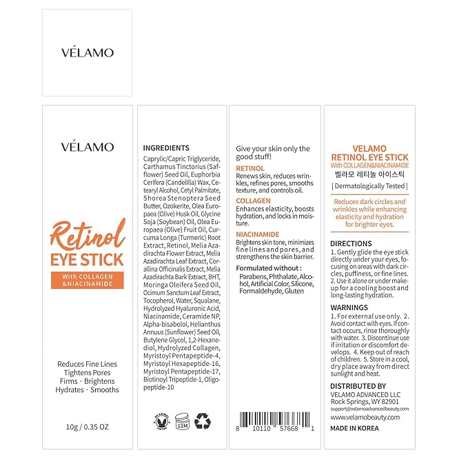 VELAMO ADVANCED Retinol Eye Balm Stick: Made in Korea, Travel Essentials, Upgraded 8-in-1 Formula with Collagen, Niacinamide & Peptides – Under Eye Cream for Dark Circles, Puffiness & Wrinkles 0.35oz