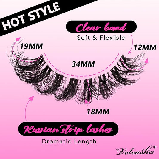 Veleasha Russian Strip Lashes Faux Mink Lashes Fluffy Eyelashes 7 Pairs 12-19mm Clear Band False Eyelashes Looks Like Eyelash Extensions D Curl Fake Eyelashes (DT01)
