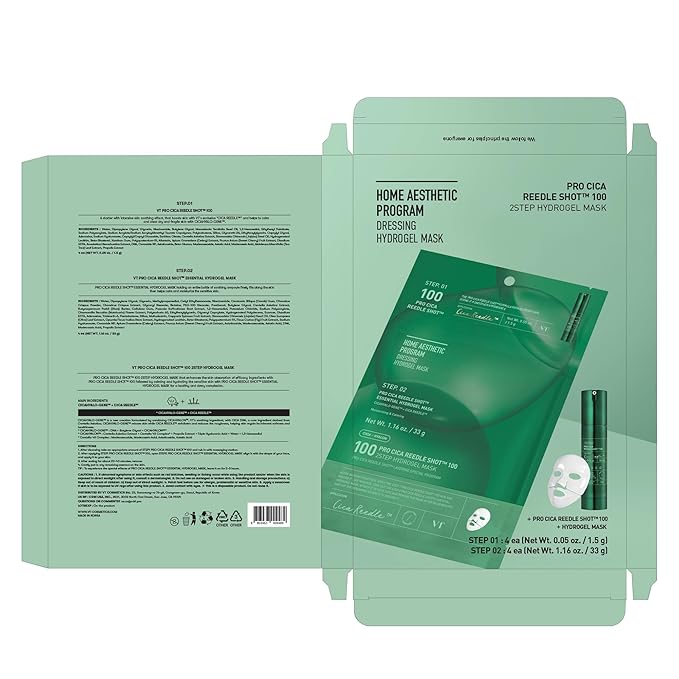 VT COSMETICS Pro Cica Reedle Shot 100 2-Step Hydrogel Mask(34.5gx4ea), Intensive Calming, Exosome Centella Asiatica, Blemish Relief, Overnight Melting Mask, Korean Facial Mask
