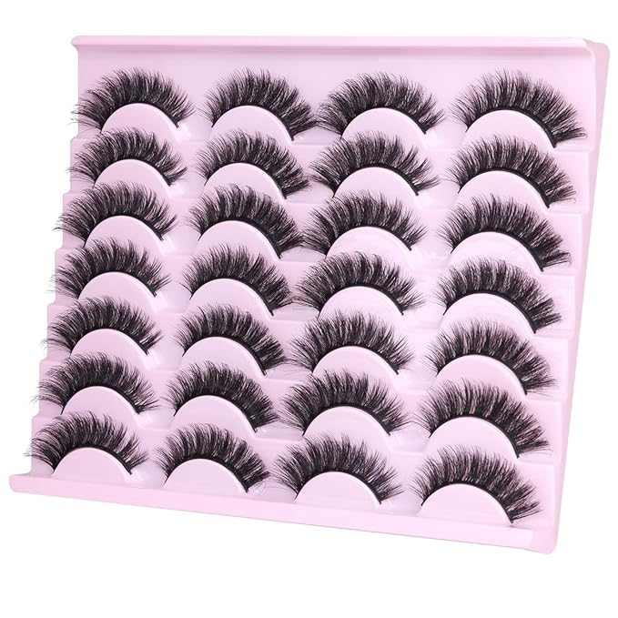 False Eyelashes D-Curl Faux Mink Lashes Fake Lashes Extensions Wispy Lash Soft Russian Strip Eyelashes Pack, 14 Pairs
