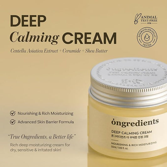 ONGREDIENTS Deep Calming Cream | Daily Face Moisturizer for Dry, Sensitive Skin | Centella Asiatica, Ceramide, Soothing, Skin Barrier, Hydrating | Fragrance-Free, Korean Skincare 1.69 fl Oz