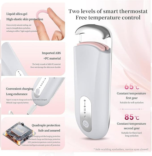 Heated Eyelash Curler for Natural Lashes 2-Level Adjustable Temperature Mini Electric Lash Curler Fast 3-Second Heat Up 24 Hours Long-Lasting Curl