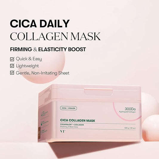 VT COSMETICS CICA Collagen Daily Mask 30 Sheets, 300Da Low Molecular Collagen for Skin Elasticity, Hydrating & Firming, Pink Collagen Essence, Korean Face Mask