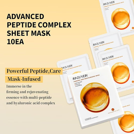 Firming and Moisturizing Sheet Face Masks (Pack of 10) with Hyaluronic Acid and Peptides, Reduce Fine Lines and Wrinkles, Hydrating & Anti-Aging Spa Face Mask, Facial Skin Care