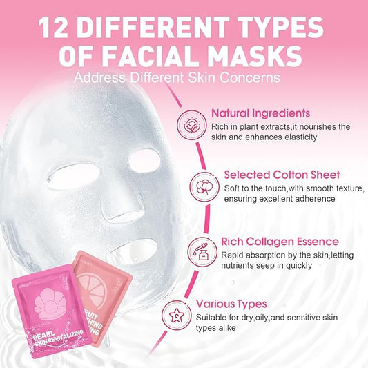 12 Pack Collagen Hydrating Face Masks Skincare, Sheet Face Mask for All Skin Types, Facial Masks Set for Women Skin Care, Face Mask Bulk Spa Gifts for Women
