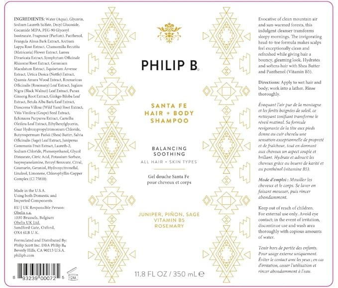 PHILIP B Santa Fe Hair and Body Shampoo (11.8 Fl Oz) - Gentle Cleanser, Hydrates and Softens with Shea Butter & Vitamin B5