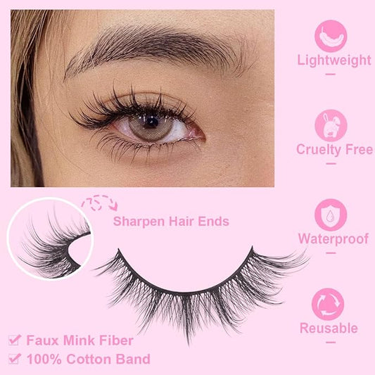 False Lashes Natural Look Wispy Eyelashes Manga Korean Spiky 16mm Short Faux Mink Eyelashes Cat Eye Natural Fake Eyelashes Strip Lashes Pack 14 Pairs