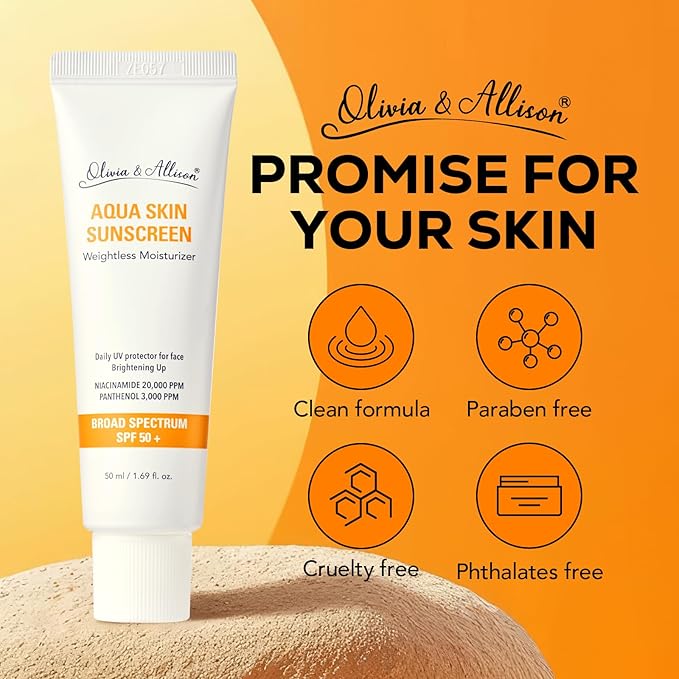 Olivia & Allison Aqua Sunscreen SPF 50+ PA++++ (1.69fl.oz) - Non-Sticky Korean Sunscreen, No White Cast & Invisible