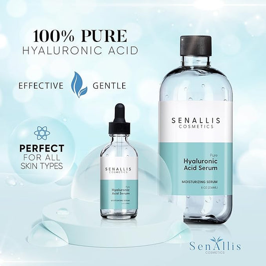 Hyaluronic Acid Serum 8 fl oz And 2 fl oz, Made From Pure Hyaluronic Acid, Anti Aging/Wrinkle, Ultra-Hydrating Moisturizer That Reduces Dry Skin Manufactured In USA