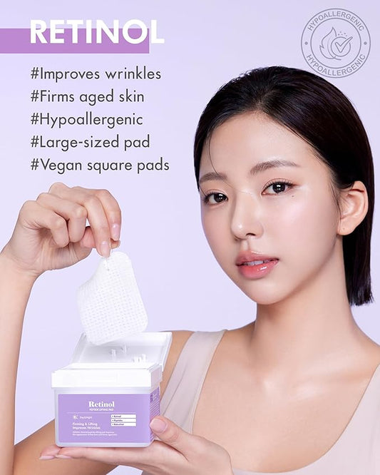 DERMAL Retinol Peptide Lifting Pad - Korean Toner Pad for Anti-Aging & Wrinkles with Bakuchiol - Vegan Pure Cotton Square Pads - High Capacity, 120 Sheets