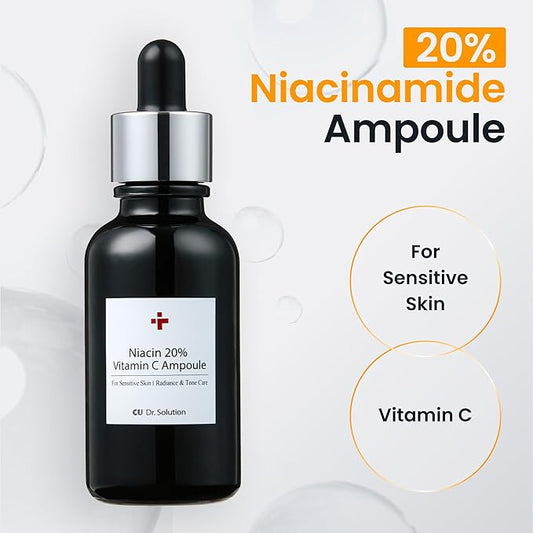 Niacinamide 20% Vitamin C Ampoule – CUSKIN Korean Skin Care with Niacinamide, Glutathione, Hyaluronic Acid, Adenosine, Panthenol for Skin Elasticity and Moisturizing, 30g (1.01 Fl. Oz)