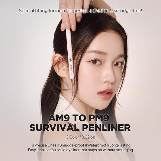 lilybyred AM9 to PM9 Survival Penliner | Korean Waterproof Liquid Eyeliner, 0.1mm Ultra-Fine Brush, Highly Pigmented, Quick-Dry, Smudge-Proof, Long-Lasting, Precision Line, 0.021 oz. (03 Walnut Brown)