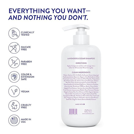 Routine Wellness Anti-Thinning Shampoo for Thinning Hair - Biotin DHT Blocker Women & Men - Color Safe Shampoo for Hair Loss & Healthy Hair - Lavender & Cedar 14oz (Pack of 2)