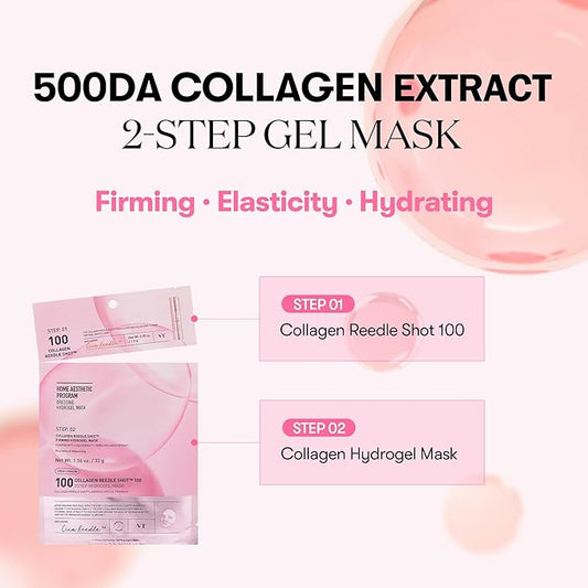 VT COSMETICS Collagen Reedle Shot 100 2-Step Hydrogel Mask(34.5gx4ea), Intensive Firming, Exosome 500Da Collagen, Fine Lines, Overnight Melting Mask, Korean Facial Mask, Pink Collagen