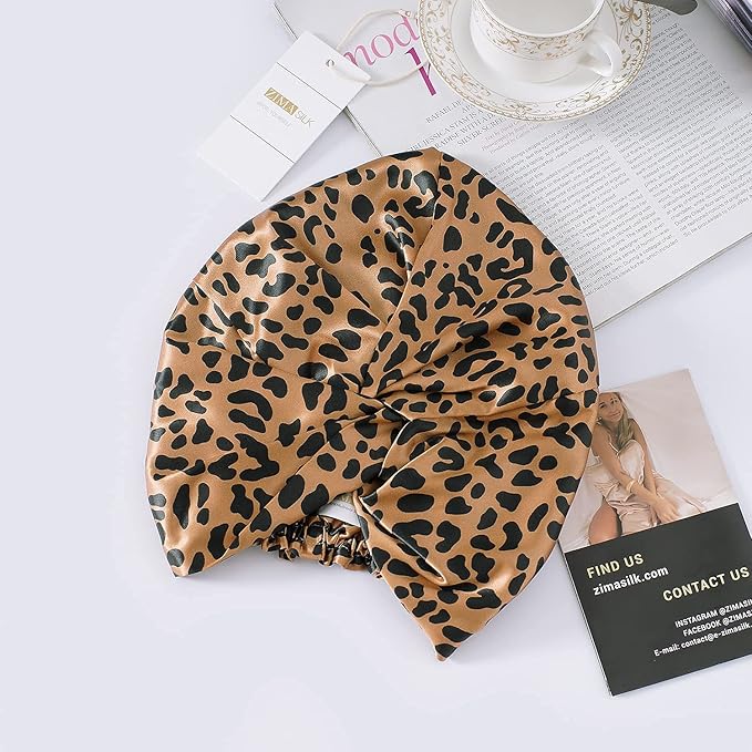 ZIMASILK 22 Momme 100% Mulberry Silk Bonnet for Sleeping & Women Hair Care, Highest Grade 6A Silk Hair wrap for Sleeping with Premium Elastic Stay On Head (1Pc, Leopard Black/Golden)