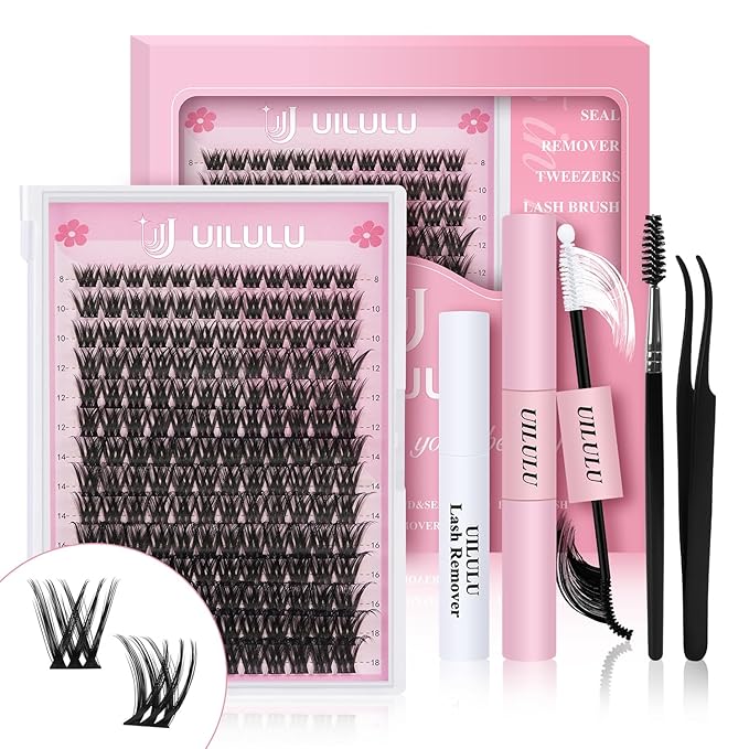 Lash Clusters Kit for DIY Lash Extension at Home, False Eyelashes Set with Bond Seal, Remover, Brush, Tweezers, D Curl Wispy Individual Clusters Lashes Eye Lash Extensions (U03 DIY Lash Kit)