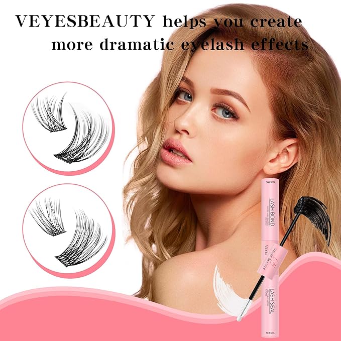 VEYESBEAUTY Lash Bond and Seal Waterproof 2 in 1 Cluster Lash Glue for Eyelash Extensions Long Lasting Strong Hold Individual Eyelash Glue for Self-Application at Home 5ml+5ml