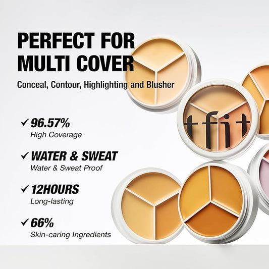 Multi-Use Pot Concealer - Triple Palette | High-Pigmented, Full Coverage & Crease-Proof | Korean Concealer for Dark Circles, Redness & Blemishes (00 Light, 0.52 Oz)