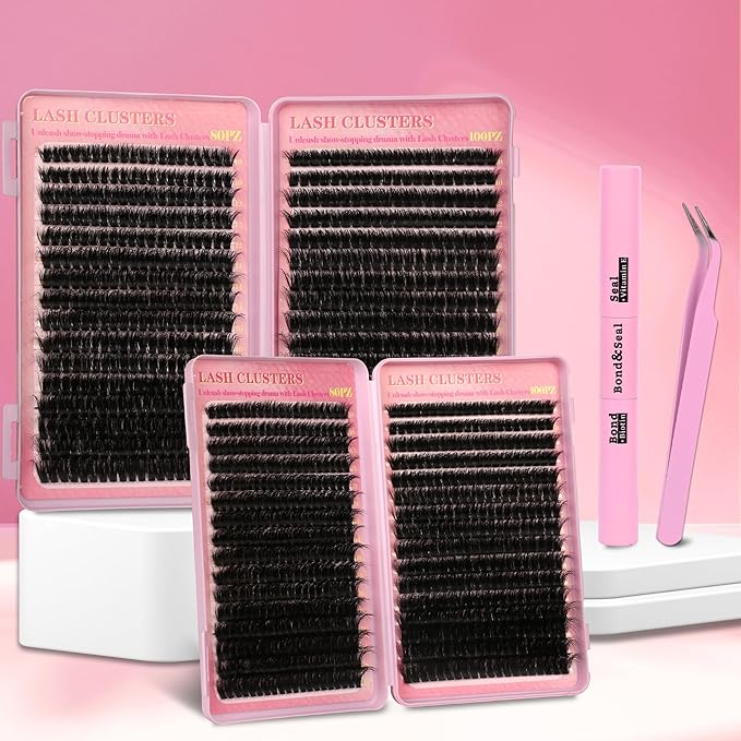 Gmagictobo Lash Clusters 80D 100D C Curl Lash Clusters Kit DIY Lash Extension Kit 640Pcs 10-18MM Individual Lashes Clusters Eyelash Extensions with Lash Bond and Seal Lash Tweezers